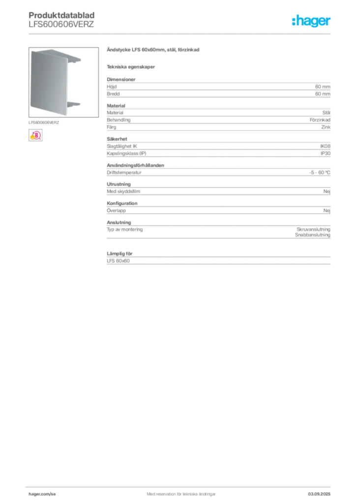Bild Hager Produktdatablad LFS600606VERZ | Hager Sverige