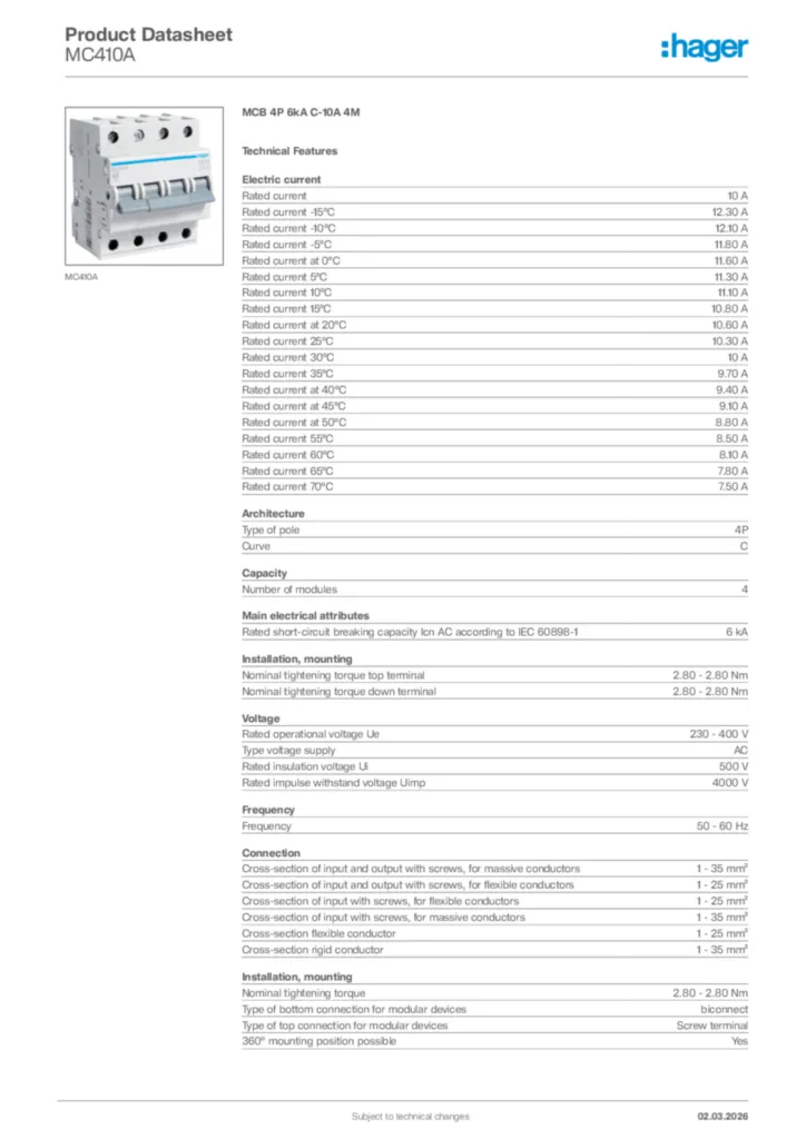 Image Hager Product data sheet MC410A  | Hager Africa