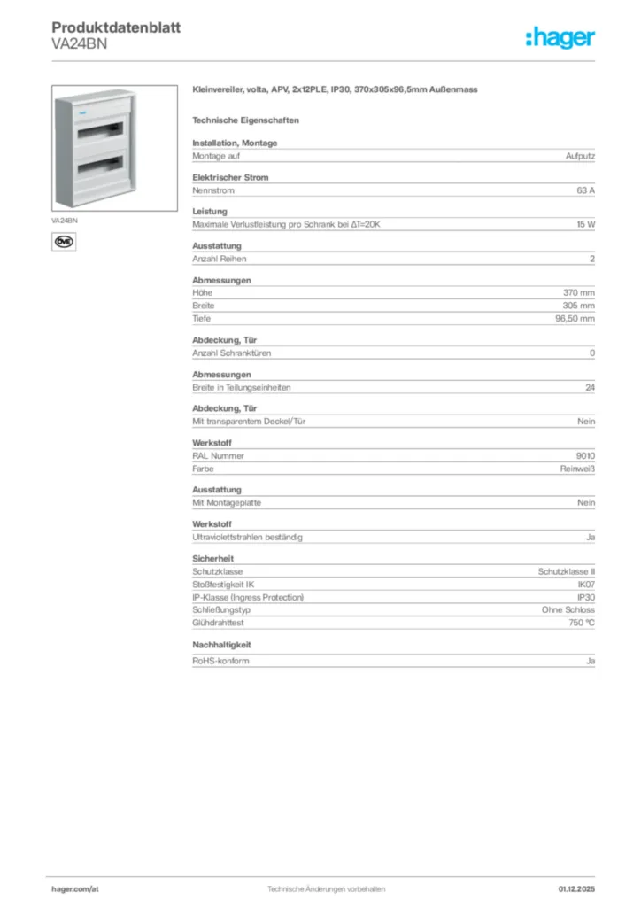 Bild Hager Produktdatenblatt VA24BN | Hager Deutschland