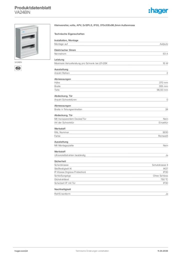 Bild Hager Produktdatenblatt VA24BN | Hager Deutschland