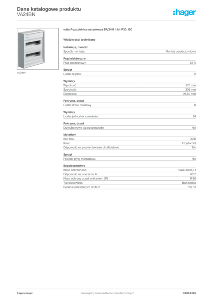 Zdjęcie Hager Dane katalogowe produktu VA24BN | Hager Polska