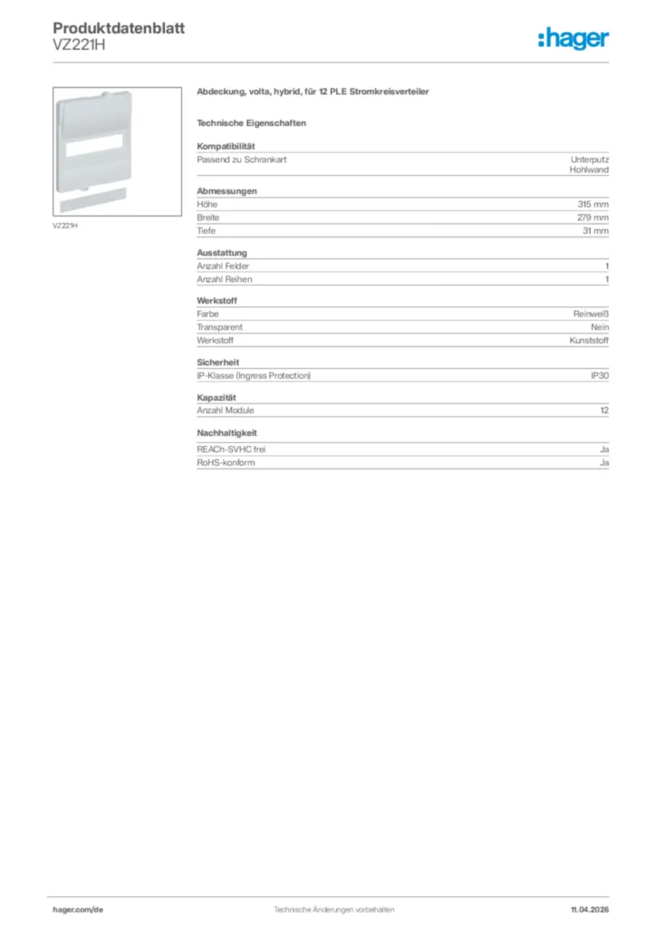 Bild Hager Produktdatenblatt VZ221H | Hager Deutschland