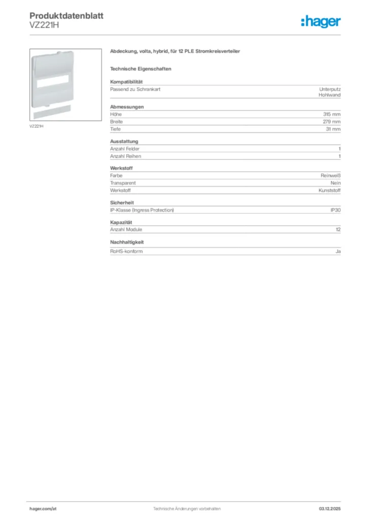 Bild Hager Produktdatenblatt VZ221H | Hager Deutschland