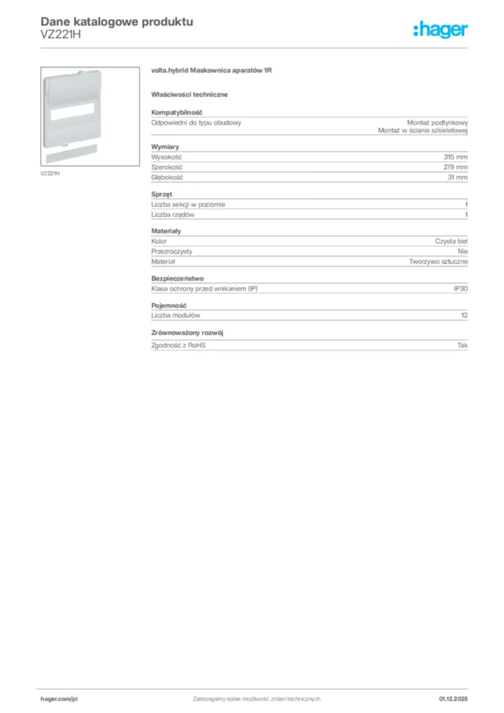 Zdjęcie Hager Dane katalogowe produktu VZ221H | Hager Polska