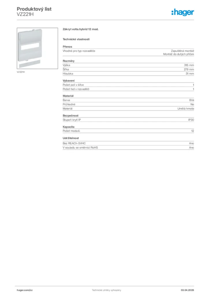 Obrázek Hager Product data sheet VZ221H | Hager