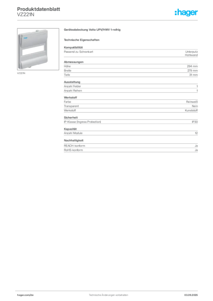 Bild Hager Produktdatenblatt VZ221N | Hager Deutschland