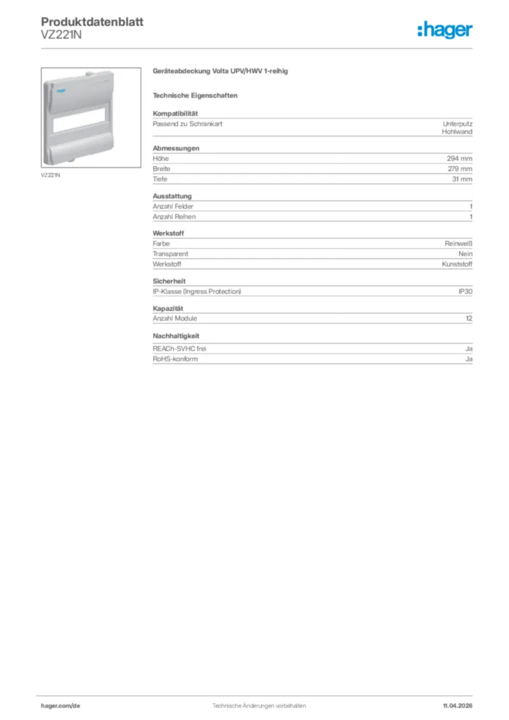 Bild Hager Produktdatenblatt VZ221N | Hager Deutschland