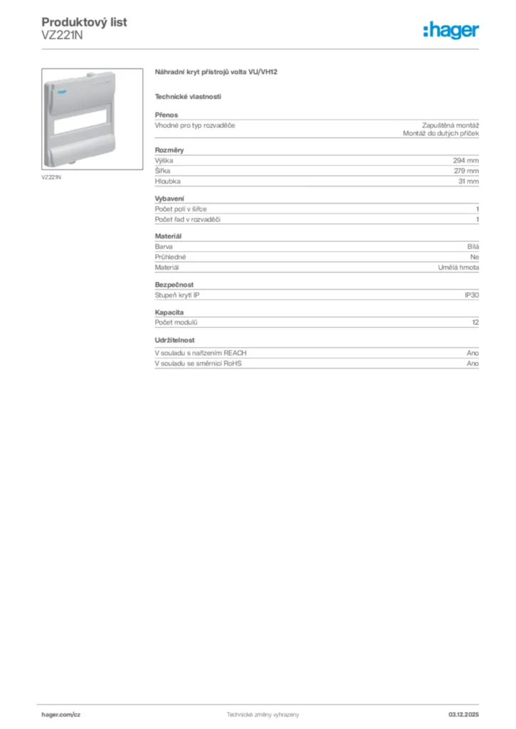 Obrázek Hager Product data sheet VZ221N | Hager