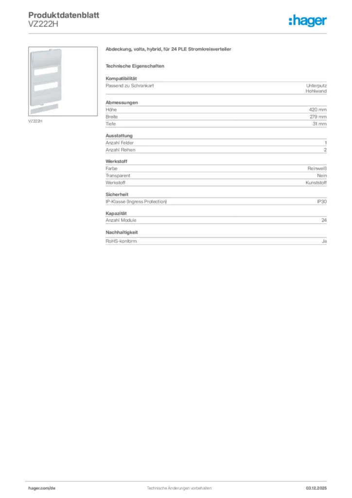 Bild Hager Produktdatenblatt VZ222H | Hager Deutschland