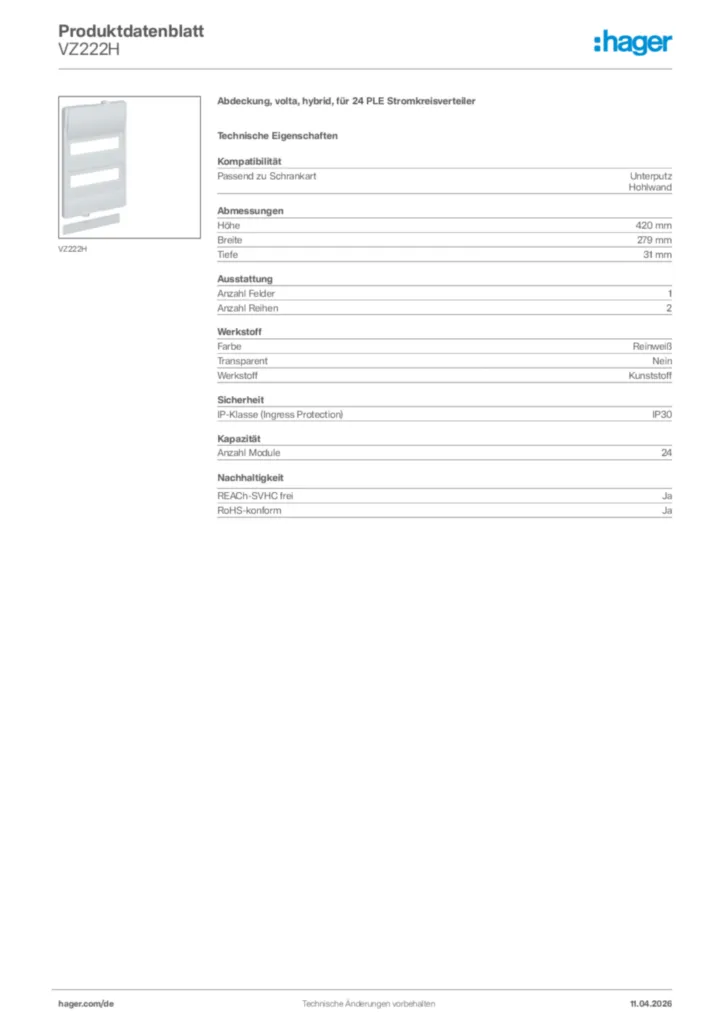 Bild Hager Produktdatenblatt VZ222H | Hager Deutschland