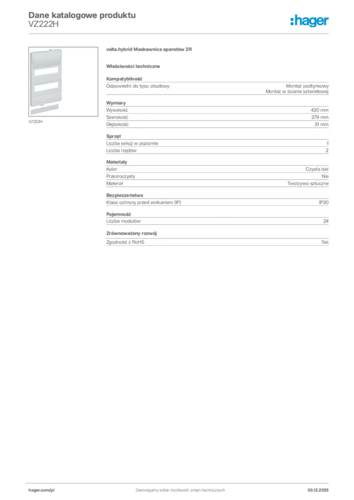 Zdjęcie Hager Dane katalogowe produktu VZ222H | Hager Polska