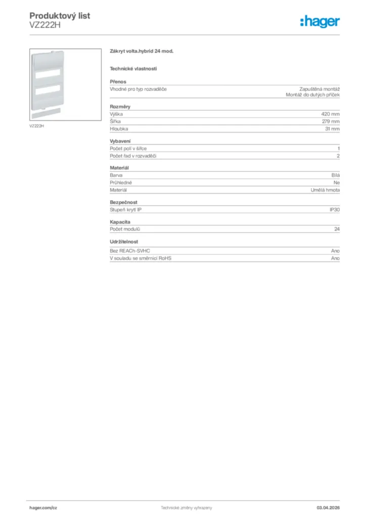 Obrázek Hager Product data sheet VZ222H | Hager