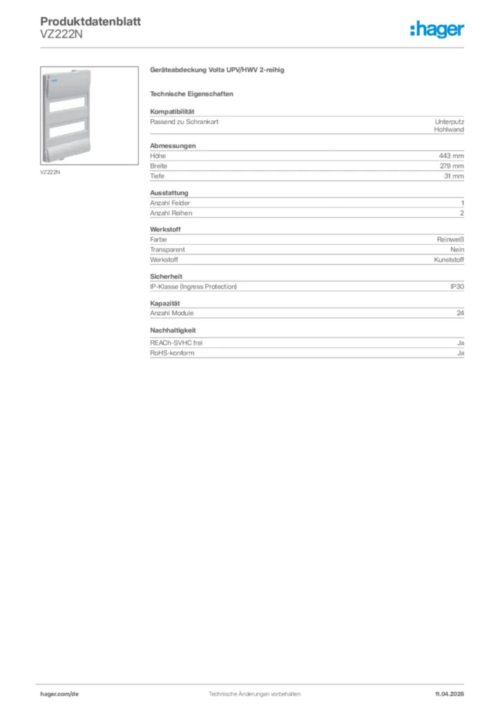 Bild Hager Produktdatenblatt VZ222N | Hager Deutschland