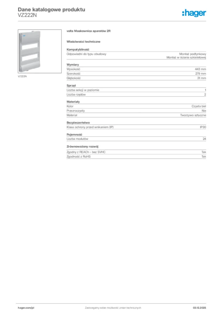 Zdjęcie Hager Karta katalogowa VZ222N | Hager Polska