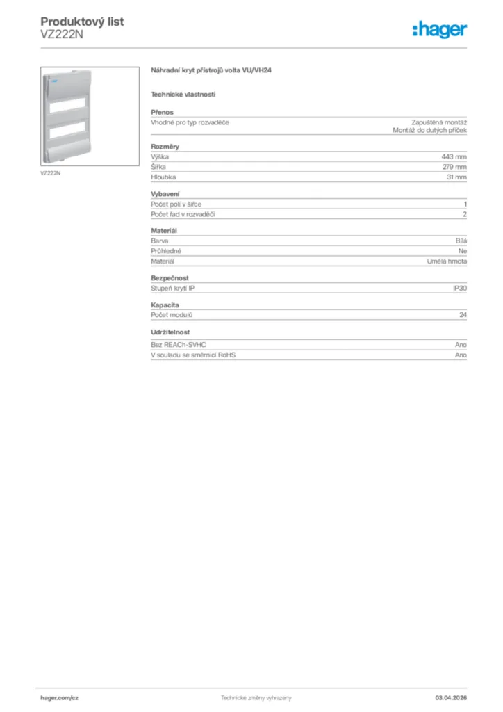 Obrázek Hager Product data sheet VZ222N | Hager
