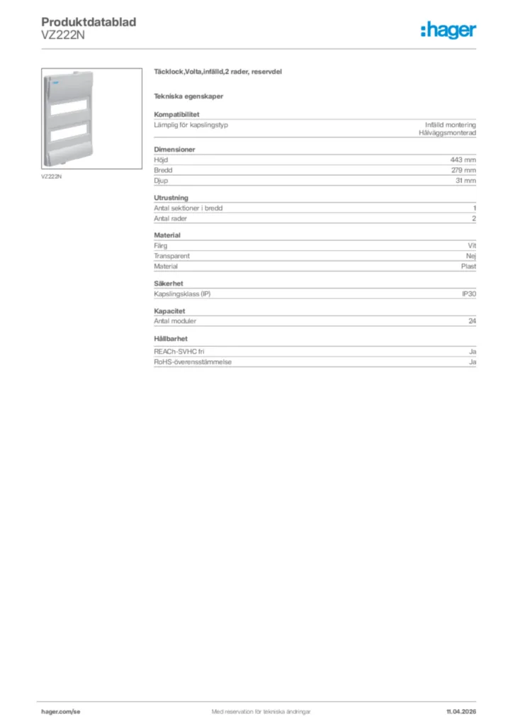 Bild Hager Produktdatablad VZ222N | Hager Sverige