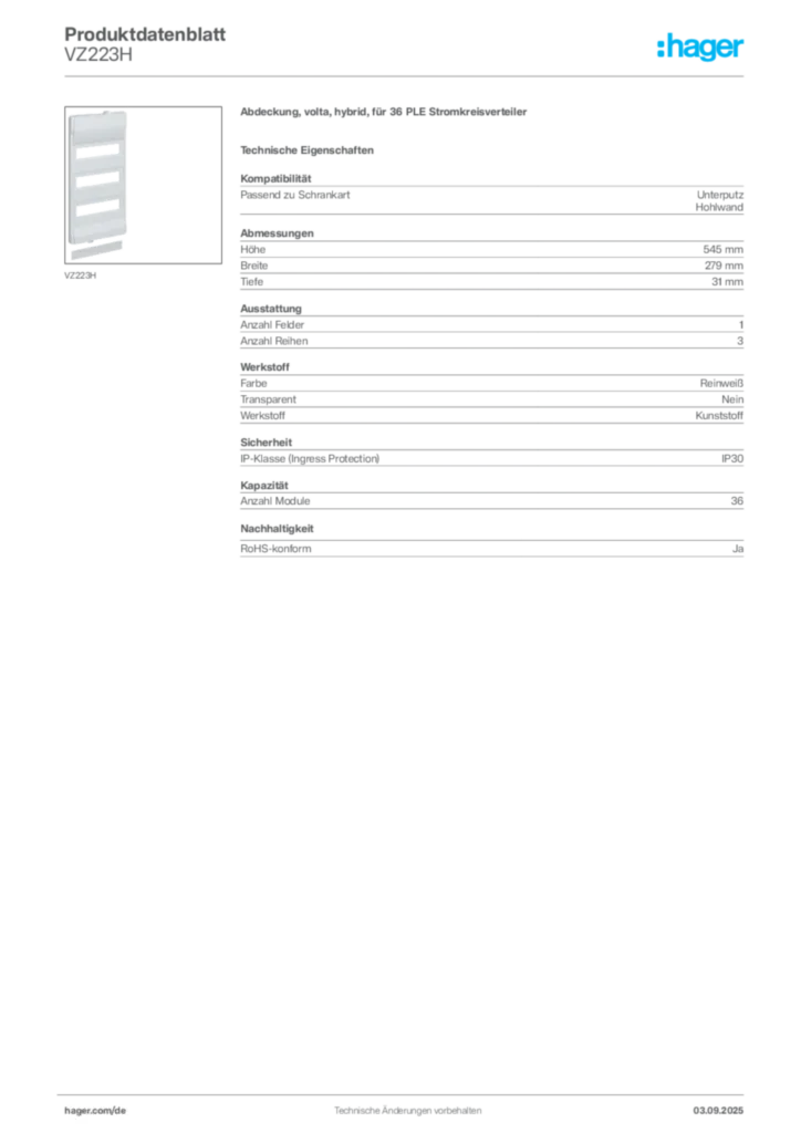 Bild Hager Produktdatenblatt VZ223H | Hager Deutschland