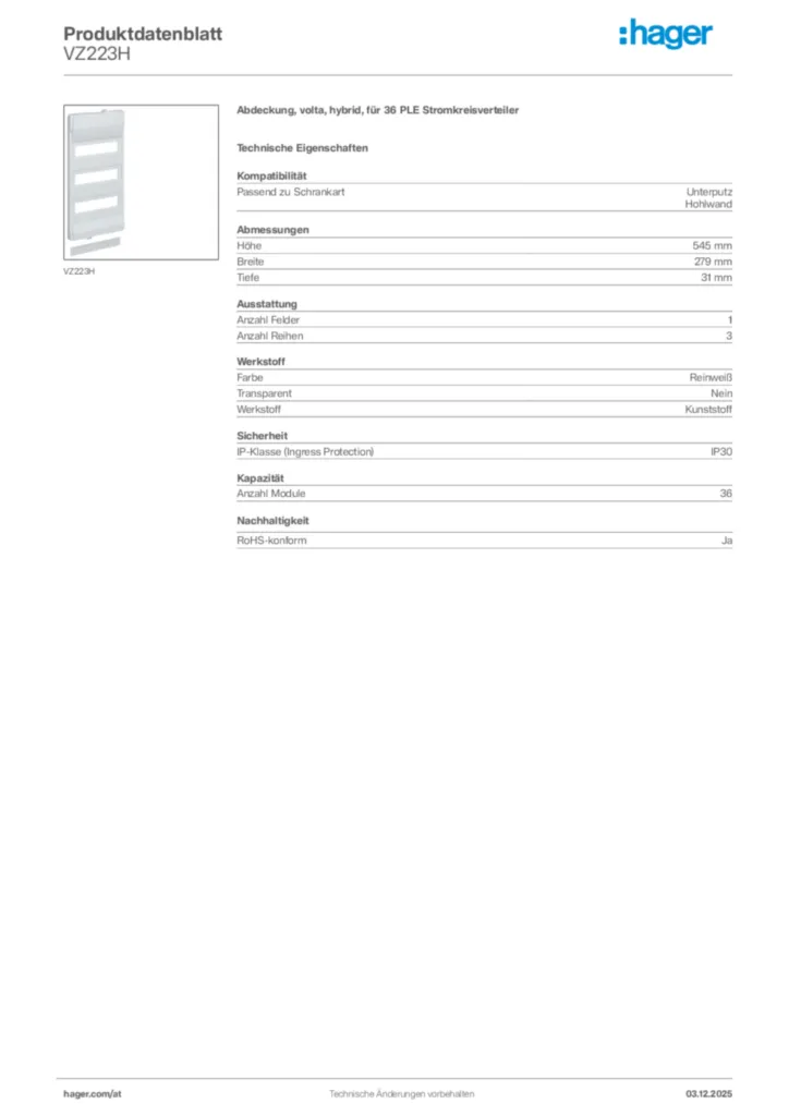 Bild Hager Produktdatenblatt VZ223H | Hager Deutschland