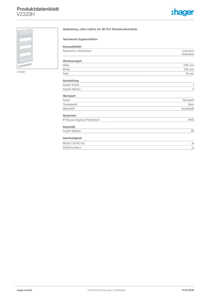 Bild Hager Produktdatenblatt VZ223H | Hager Deutschland