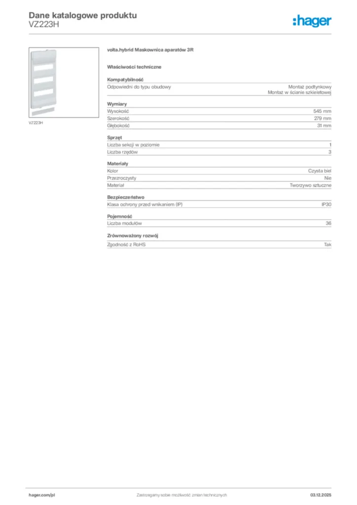 Zdjęcie Hager Dane katalogowe produktu VZ223H | Hager Polska