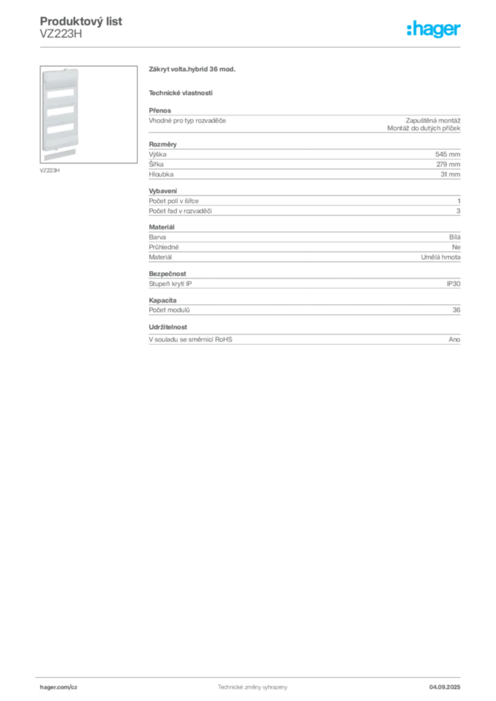 Obrázek Hager Product data sheet VZ223H | Hager