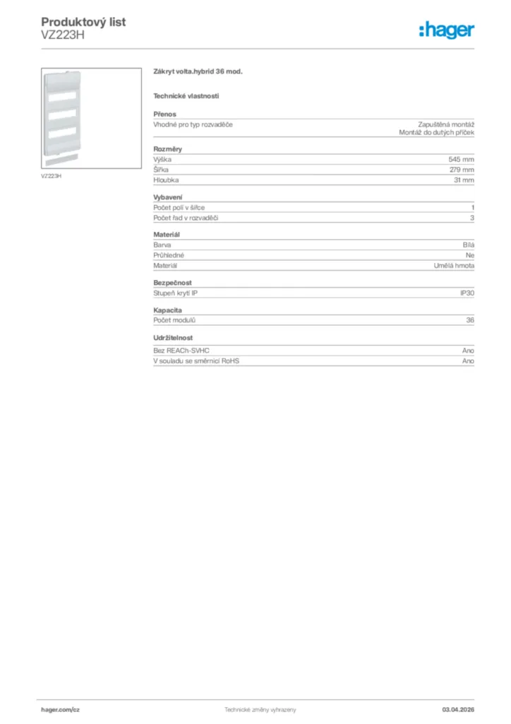 Obrázek Hager Product data sheet VZ223H | Hager