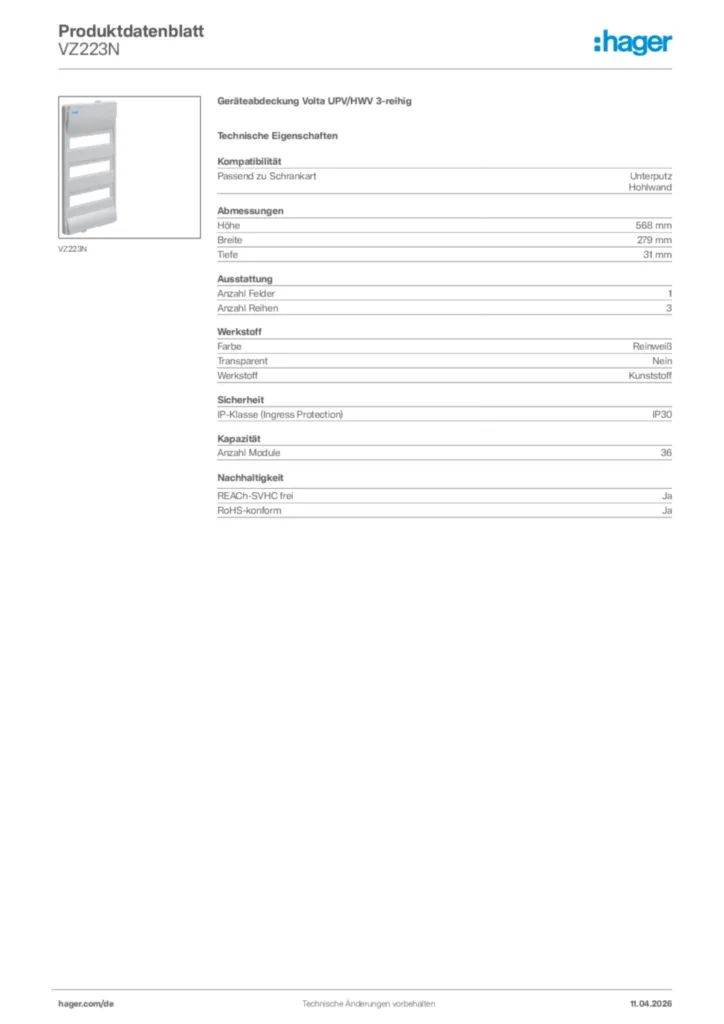 Bild Hager Produktdatenblatt VZ223N | Hager Deutschland