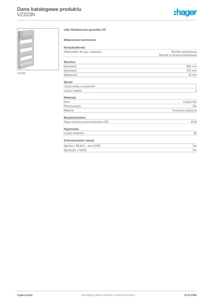 Zdjęcie Hager Karta katalogowa VZ223N | Hager Polska