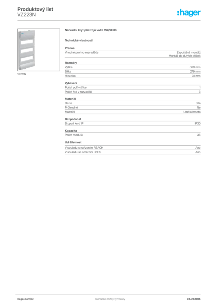 Obrázek Hager Product data sheet VZ223N | Hager