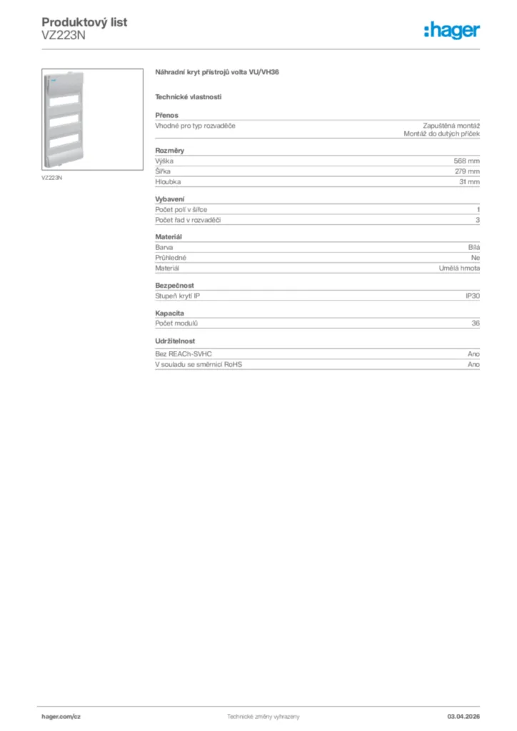 Obrázek Hager Product data sheet VZ223N | Hager