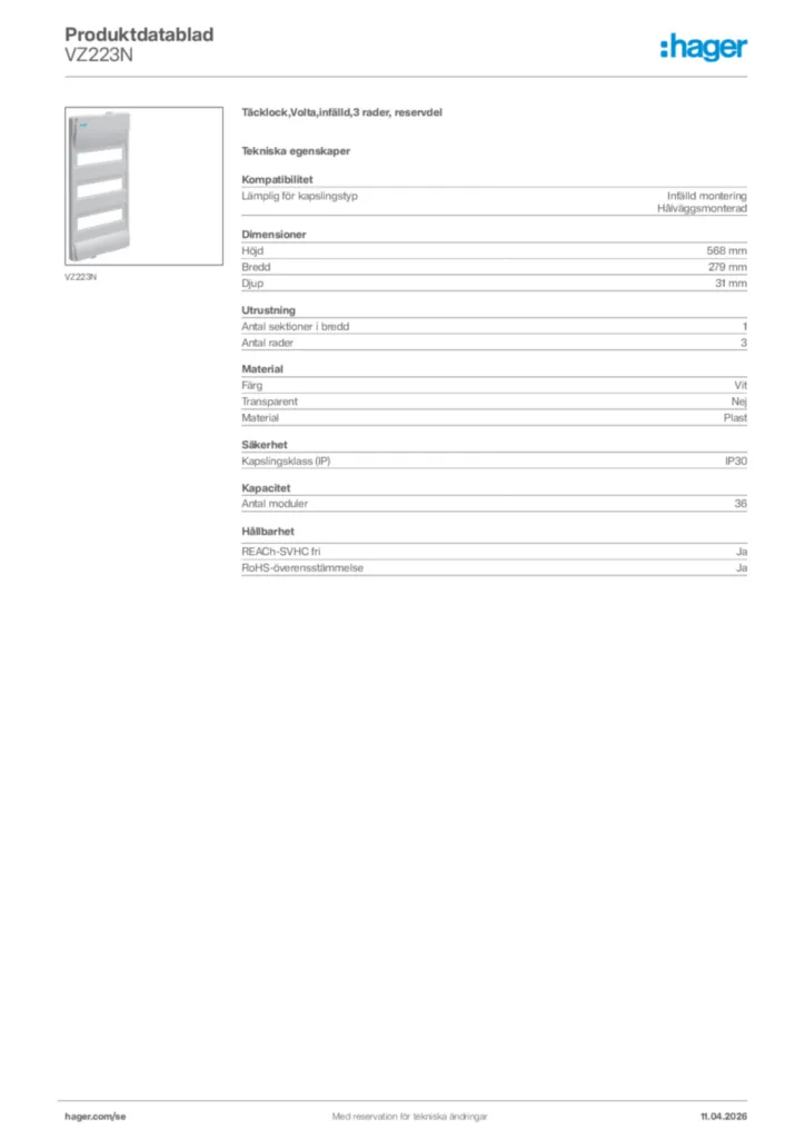 Bild Hager Produktdatablad VZ223N | Hager Sverige
