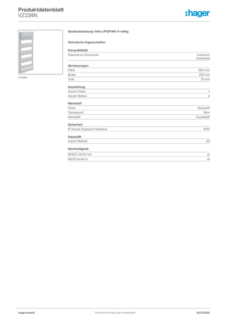 Bild Hager Produktdatenblatt VZ224N | Hager Deutschland