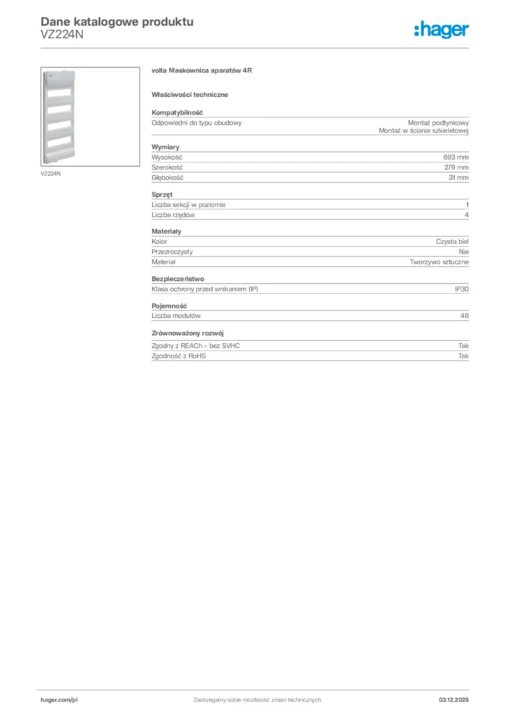 Zdjęcie Hager Karta katalogowa VZ224N | Hager Polska