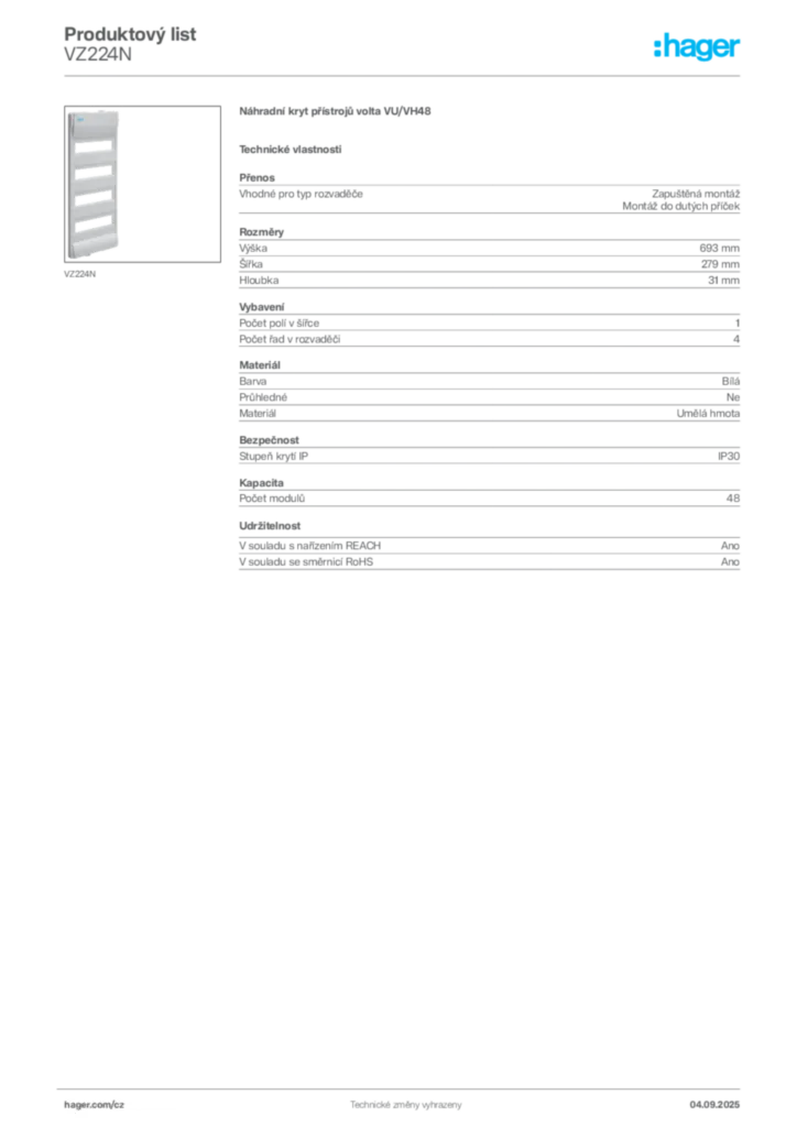 Obrázek Hager Product data sheet VZ224N | Hager