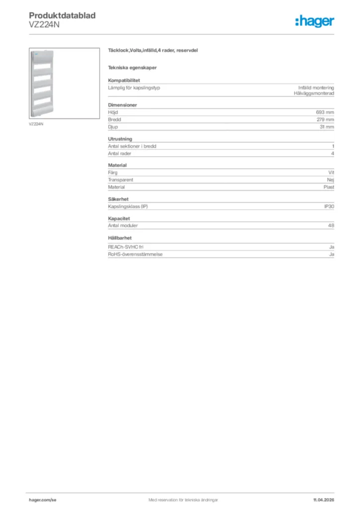 Bild Hager Produktdatablad VZ224N | Hager Sverige