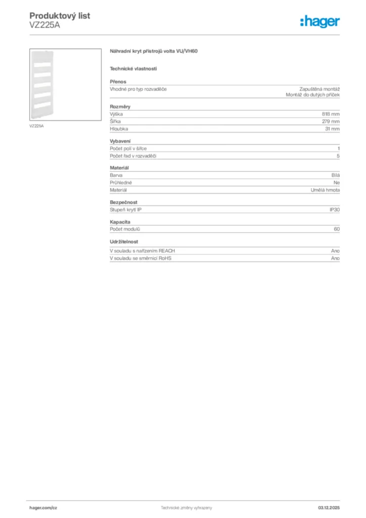 Obrázek Hager Product data sheet VZ225A | Hager