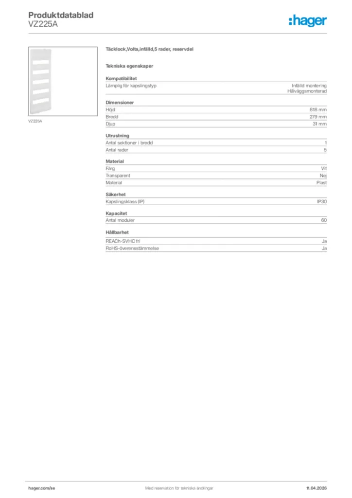 Bild Hager Produktdatablad VZ225A | Hager Sverige