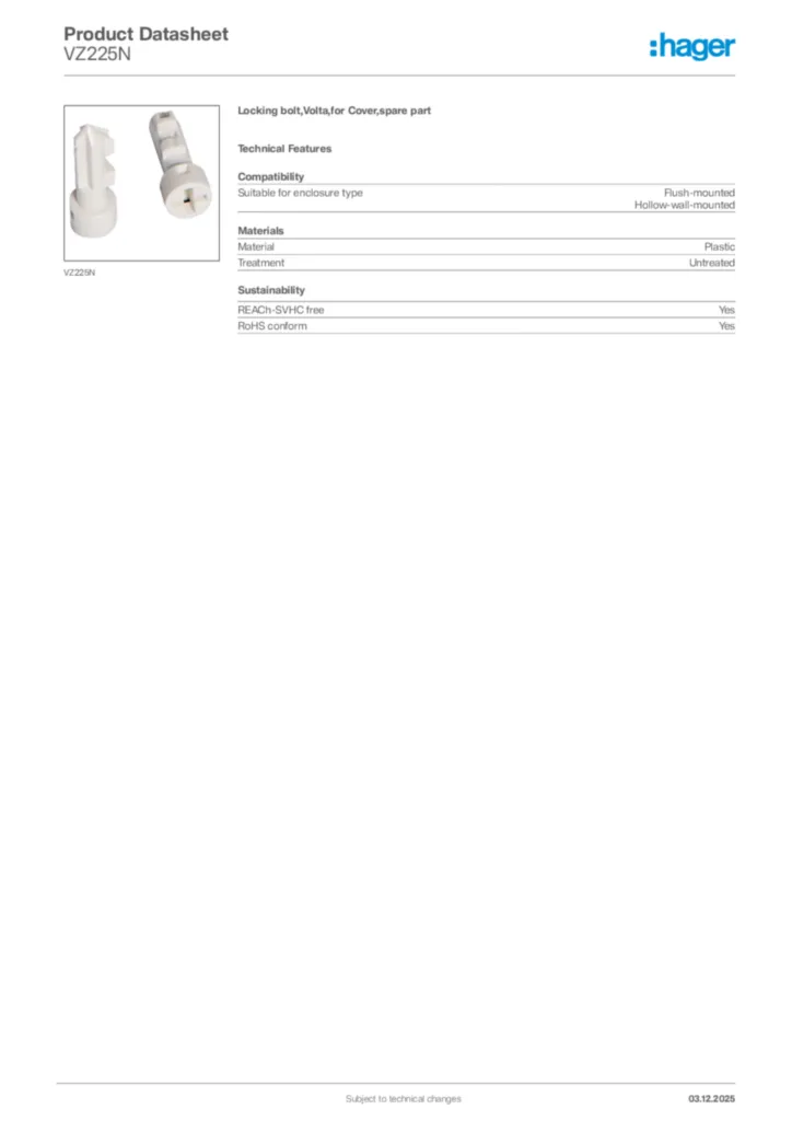 Image Hager Product data sheet VZ225N  | Hager Africa