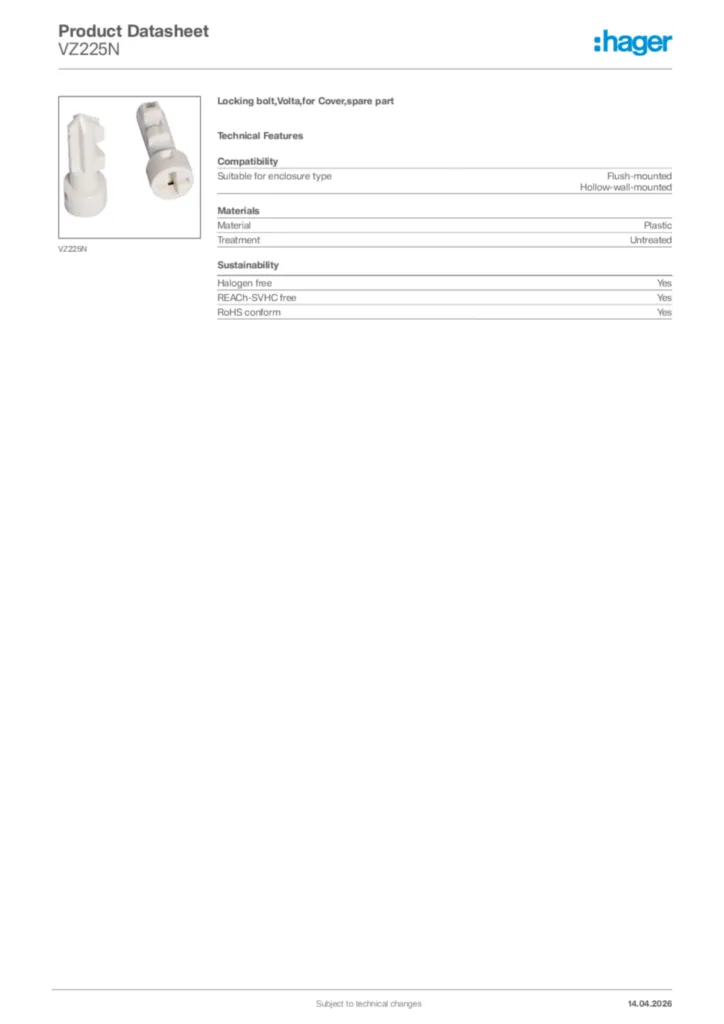 Image Hager Product data sheet VZ225N  | Hager Africa