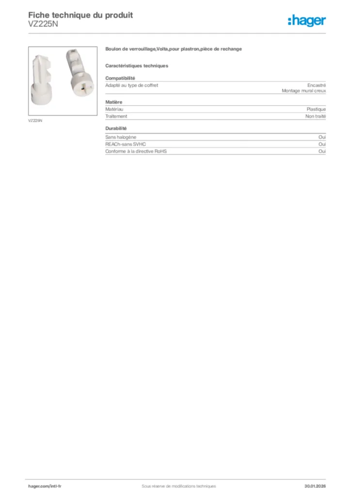 Image Hager Fiche technique du produit VZ225N | Hager Afrique