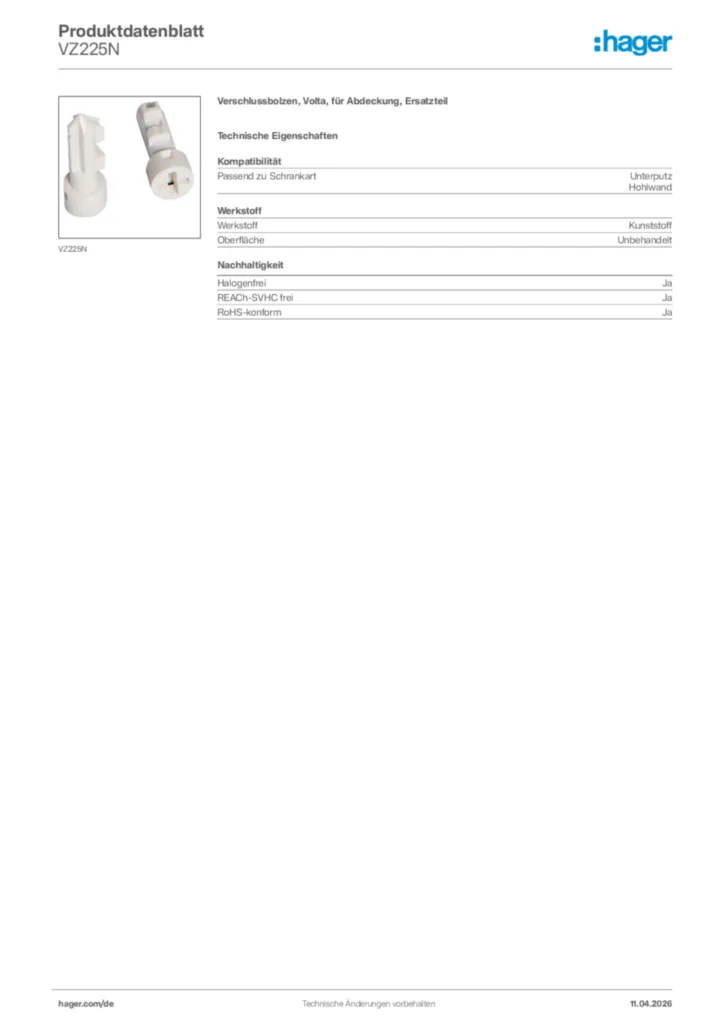 Bild Hager Produktdatenblatt VZ225N | Hager Deutschland