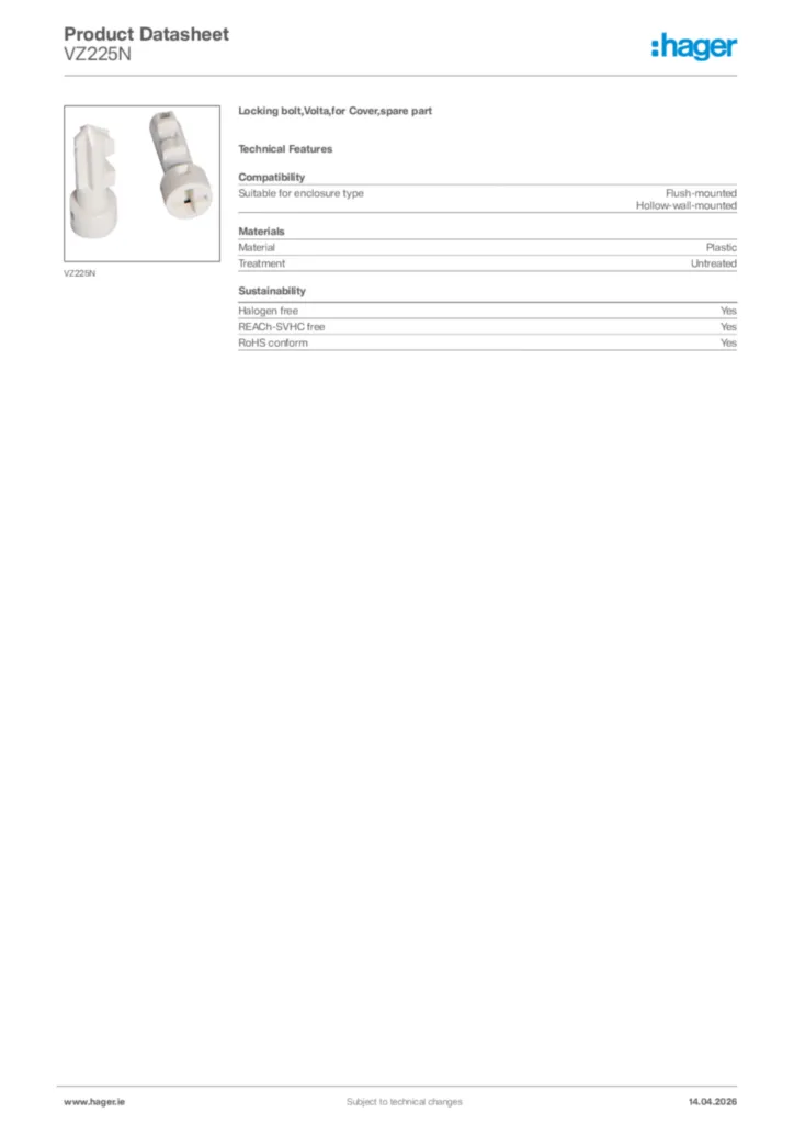 Image Hager Product data sheet VZ225N  | Hager