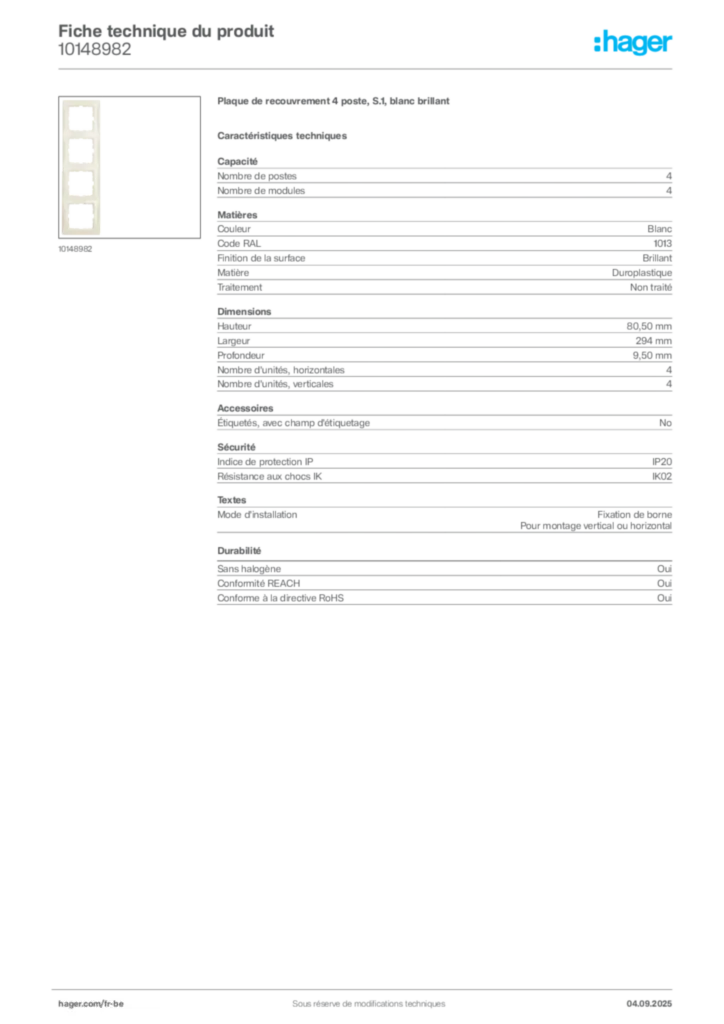 Image Hager Fiche technique du produit 10148982 | Hager Belgique
