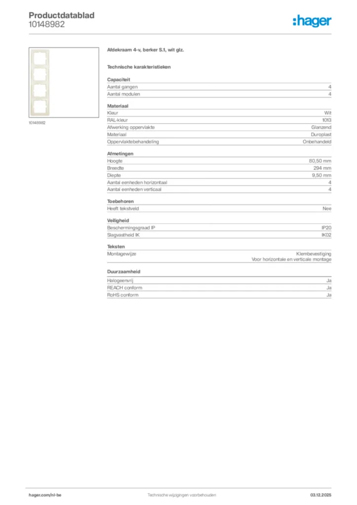 Afbeelding Hager Productdatablad 10148982 | Hager Belgium