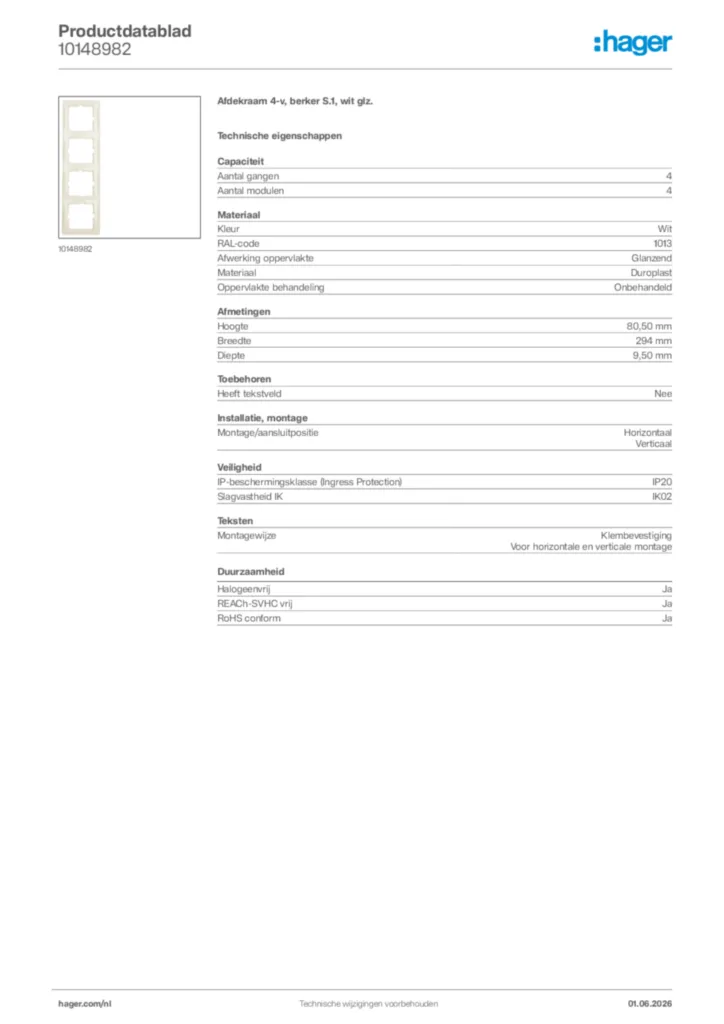 Afbeelding Hager Productdatablad 10148982 | Hager Nederland