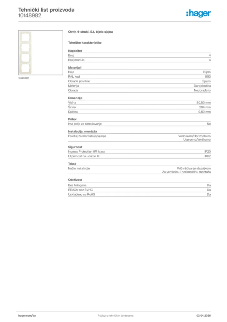 Slika Hager Tehnički list proizvoda 10148982  | Hager