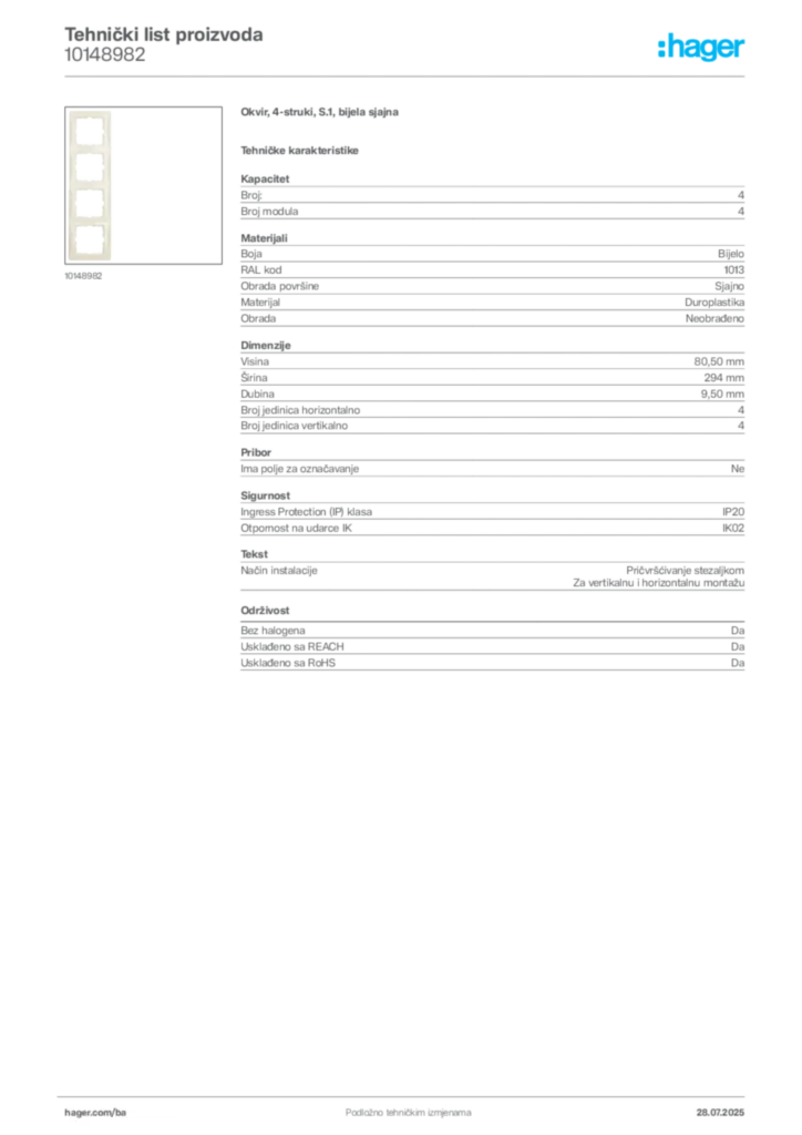 Slika Hager Product data sheet 10148982  | Hager