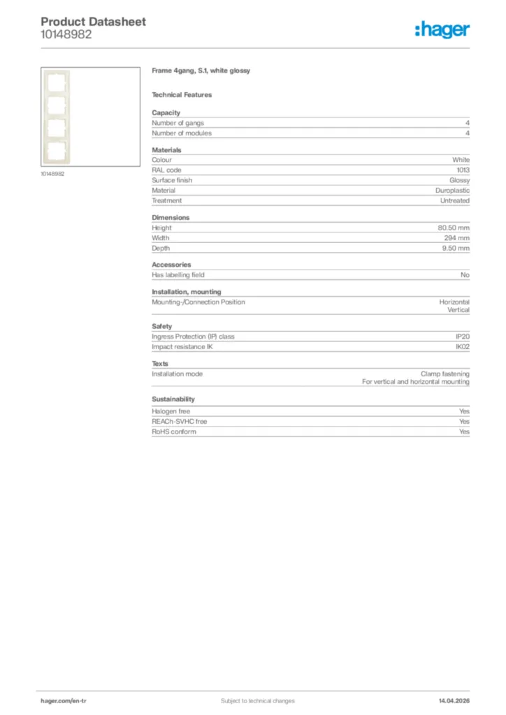 Image Hager Product data sheet 10148982  | Hager