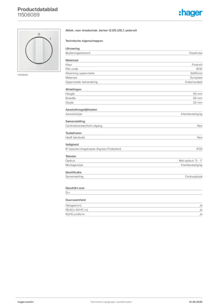 Afbeelding Hager Productdatablad 11506089 | Hager Nederland