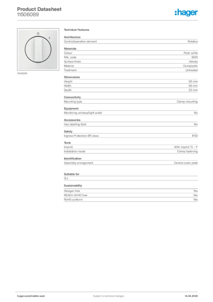 Image Hager Product data sheet 11506089  | Hager